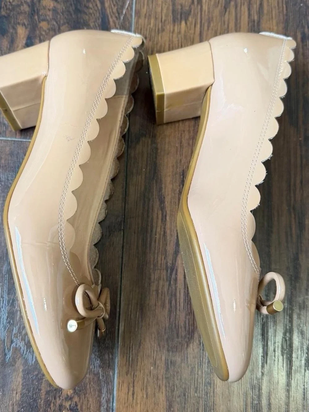 Kate Spade Yasmin Nude Leather Scalloped Block Kitten Heels Pumps Bow Mary Jane